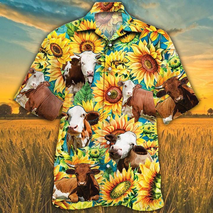 Simmental Cattle Lovers Sunflower Watercolor Beach Summer 3D Hawaiian Shirt