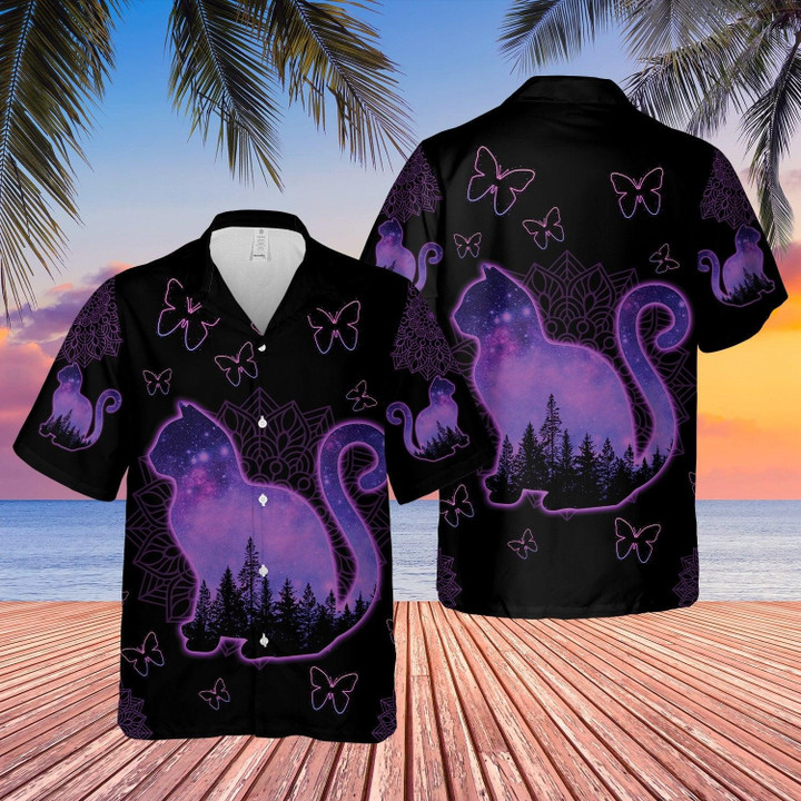 Cat Galaxy sky mandala butterfly Unisex Beach Summer 3D Hawaiian Shirt