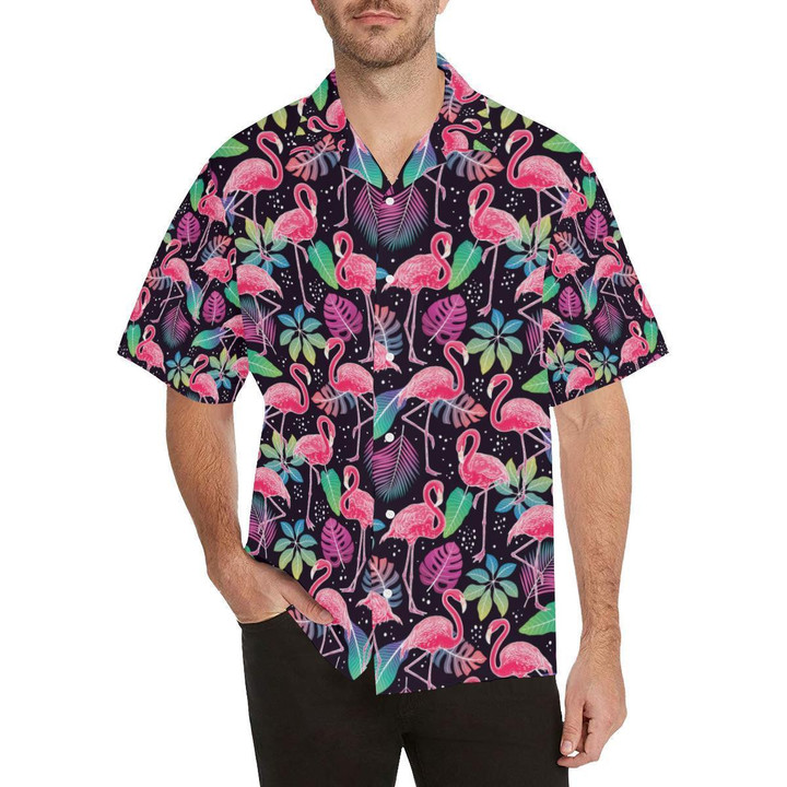 Flamingo Tropical Leaves Neon Print Beach Summer 3D Hawaiian Shirt