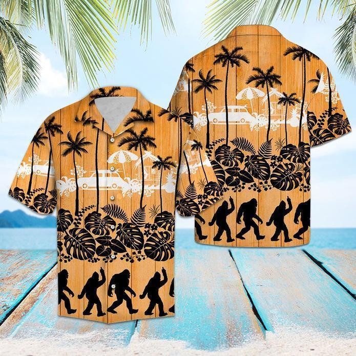 Bigfoot Palm Tree Camping Beach Summer 3D Hawaiian Shirt