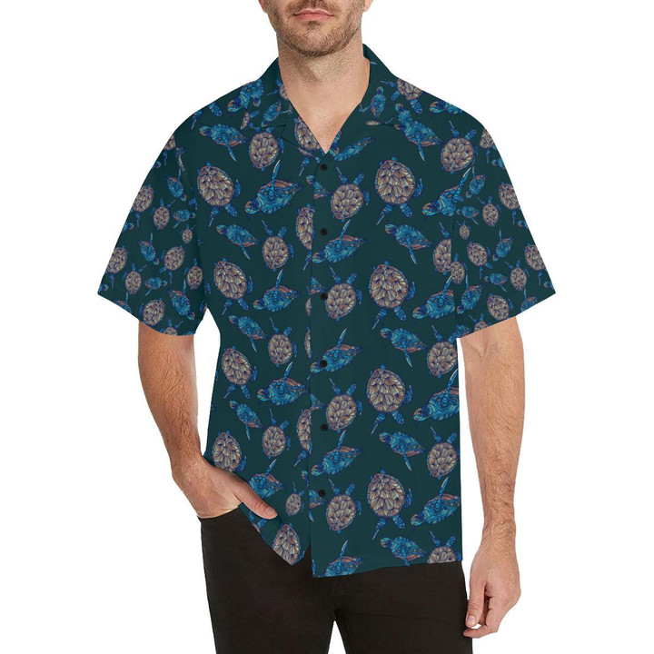 Sea Turtle Hand Drawn Blue Print Beach Summer 3D Hawaiian Shirt
