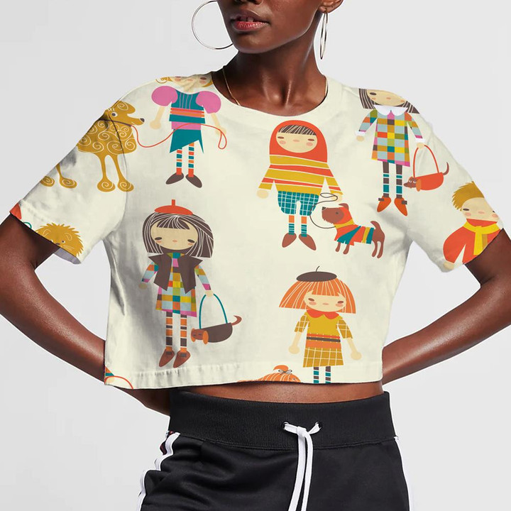 Girls And Boys With Dogs On Brown 3D Women's Crop Top