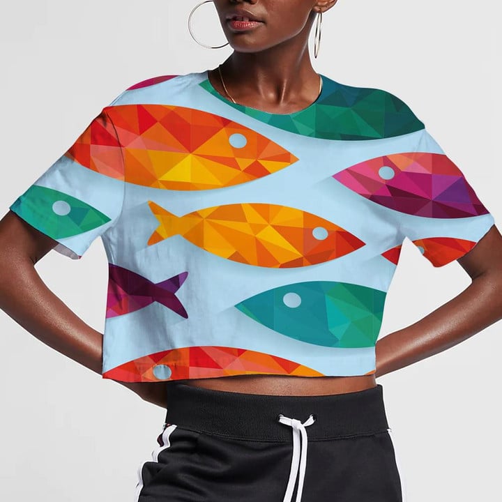 Geometic Tribal Multicolor Fishes On Pale Blue Background Design 3D Women's Crop Top