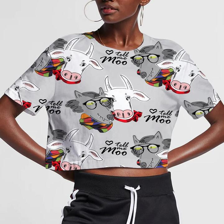 Funny White Cow And Wolf On Grey 3D Women's Crop Top