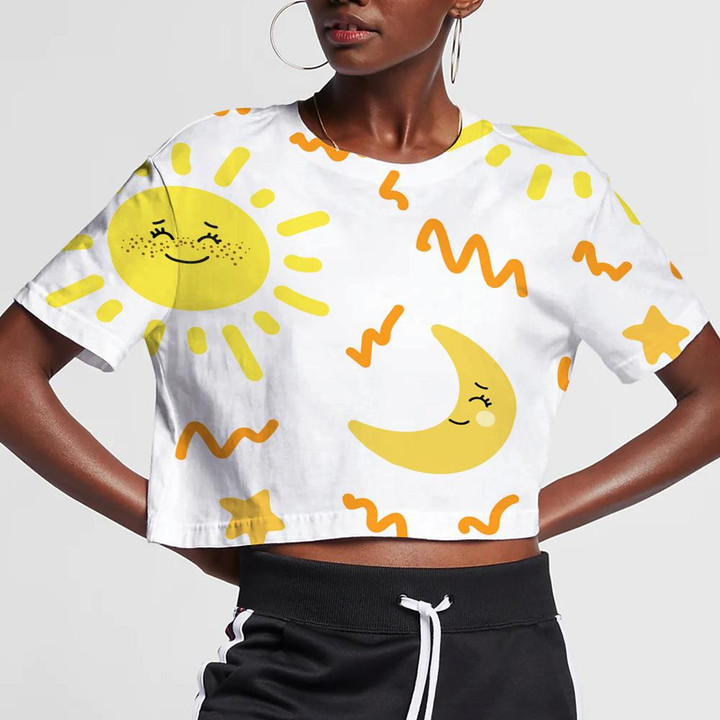 Funny Sun And Moon With Start On White Background 3D Women's Crop Top