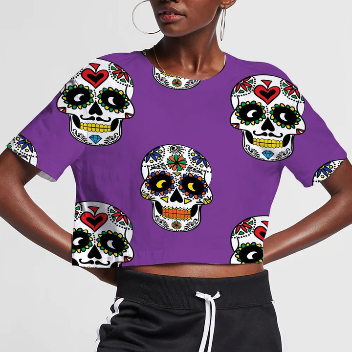 Funny Sugar Skull Mexican On Purple Background 3D Women's Crop Top