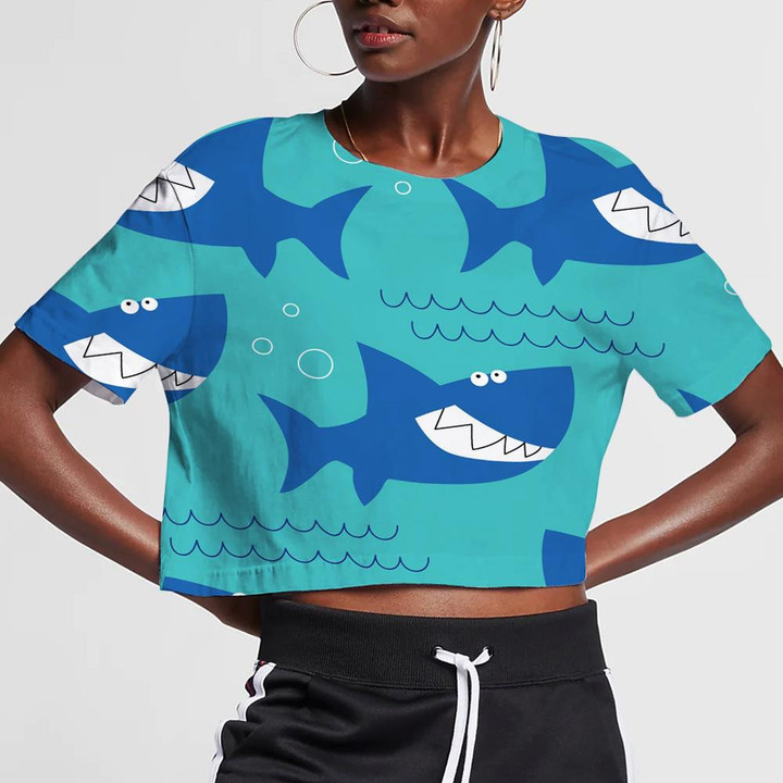 Funny Smiling Navy Shark And Bubbles On Turquoise Design 3D Women's Crop Top