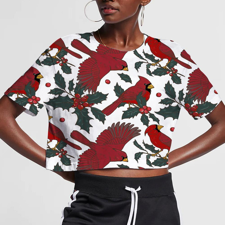 Funny Red Cardinal Bird And Holly Branches 3D Women's Crop Top