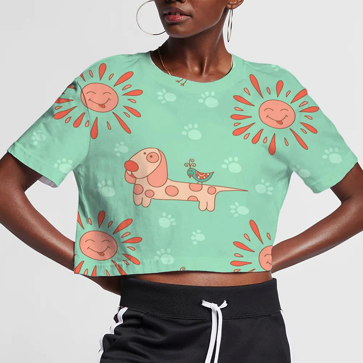 Funny Pink Sun With Cute Dog And Bird 3D Women's Crop Top