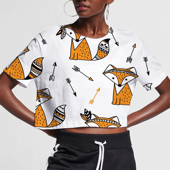 Funny Orange Fox And Arrows On White Background Design 3D Women's Crop Top