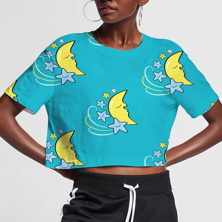 Funny Moon With Flying Star On Blue Background 3D Women's Crop Top