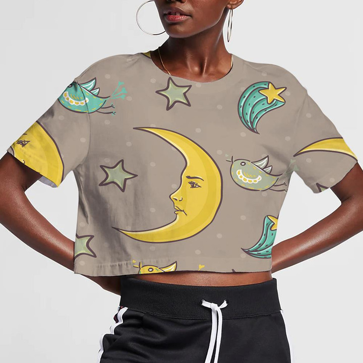 Funny Moon Face With Bird And Star 3D Women's Crop Top
