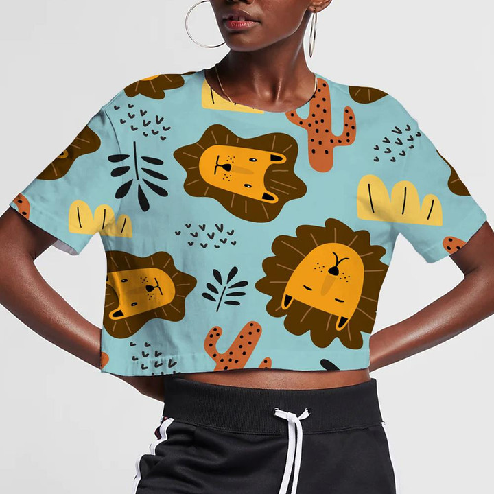 Funny Lion With Leaves And Cactus 3D Women's Crop Top