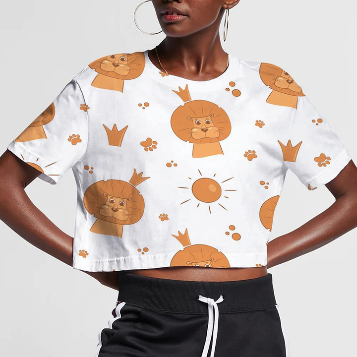 Funny Lion In Crown With Sun And Footprint 3D Women's Crop Top
