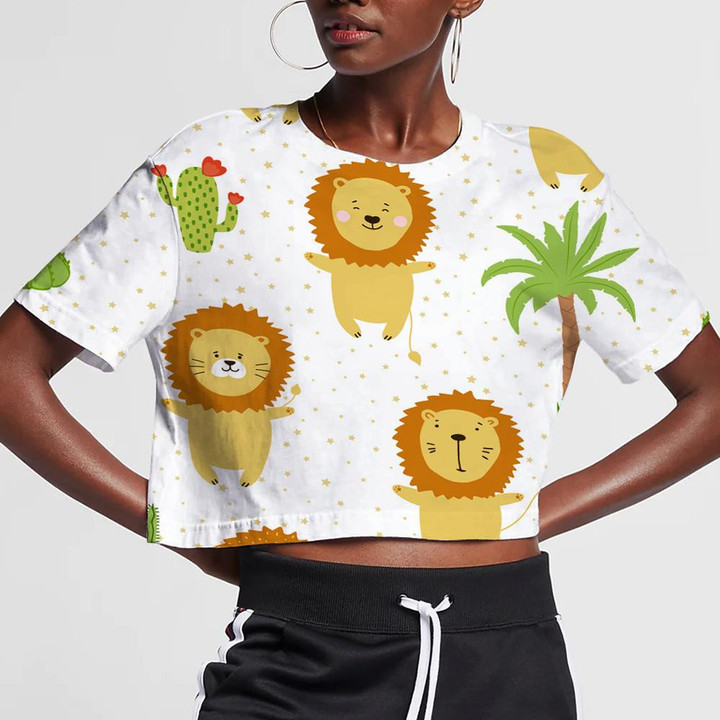Funny Lion Cubs With Palm Tree And Cactus 3D Women's Crop Top