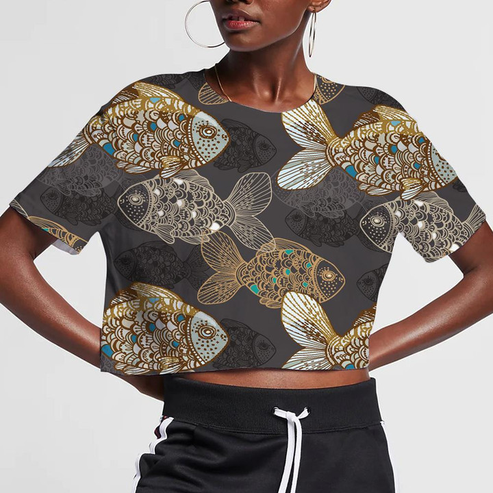 Funny Hand Drawn Underwater World Collection Of Cute Fishes Pattern 3D Women's Crop Top