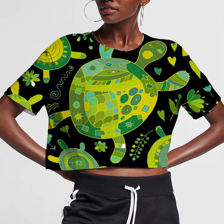 Funny Family Green Turtle With Chidren 3D Women's Crop Top