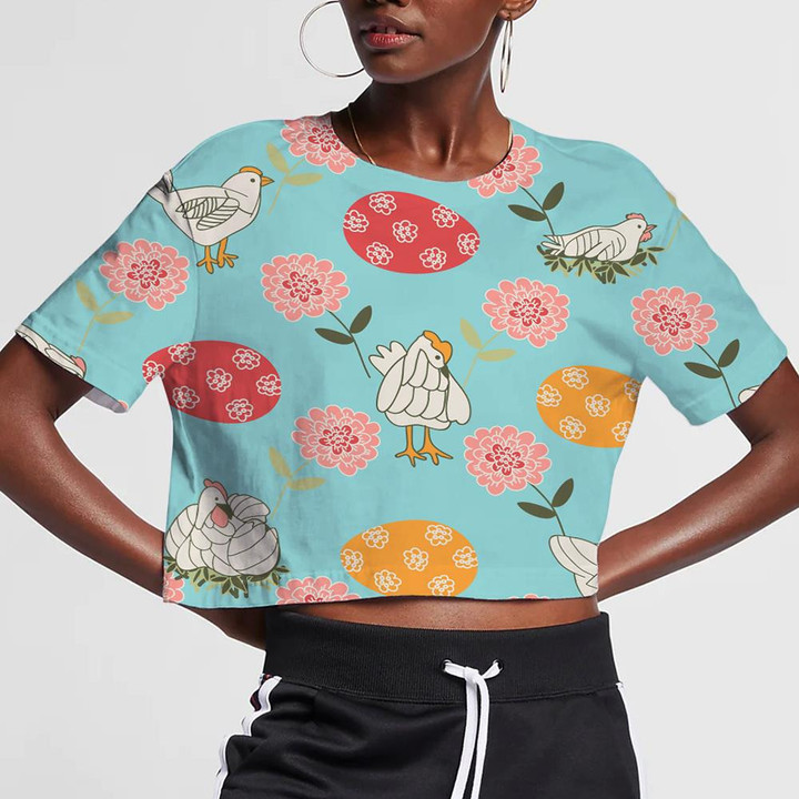 Funny Chicken With Colorful Eggs And Flowers 1 3D Women's Crop Top
