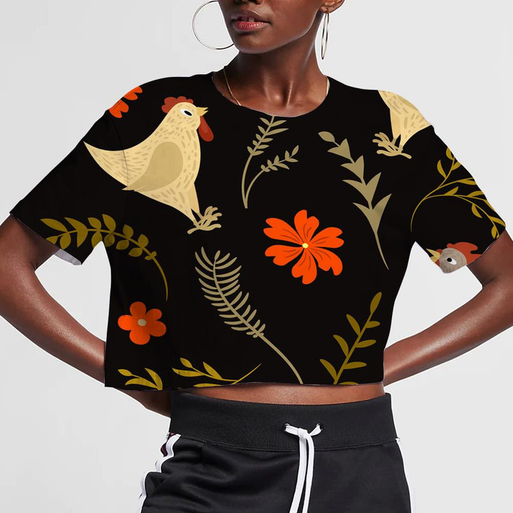 Funny Chicken And Cock With Tropical Plant 3D Women's Crop Top
