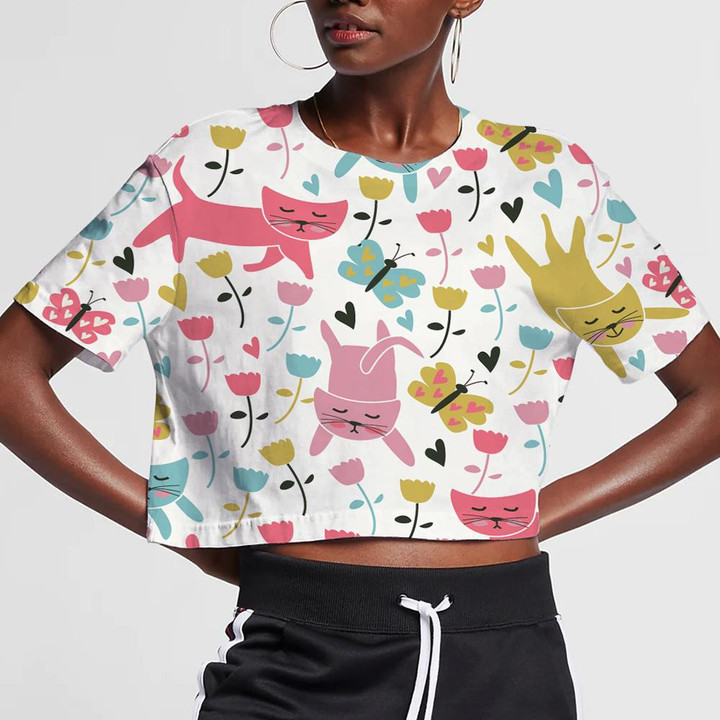 Funny Cats Flowers And Butterflies In Cartoon Style 3D Women's Crop Top
