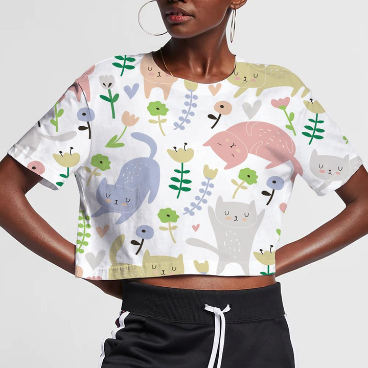 Funny Cats And Flowers In Cartoon Style 3D Women's Crop Top