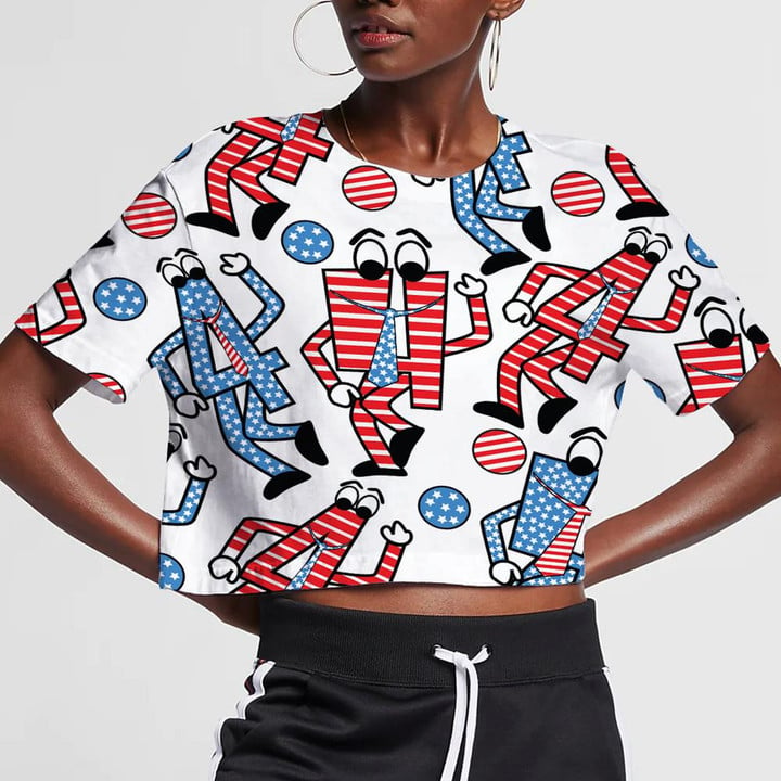 Funny Cartoon Number Four Character Dancing In Flag Pattern 3D Women's Crop Top