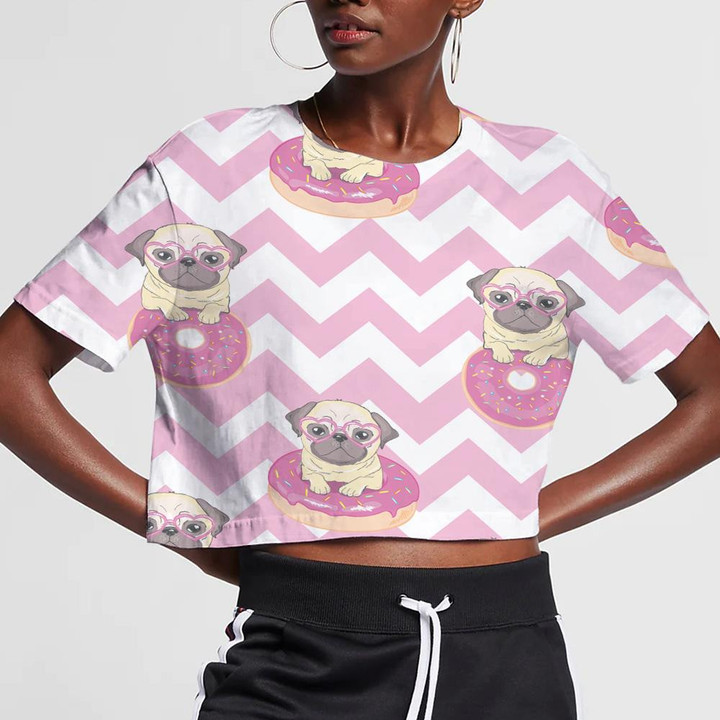 Funny Bulldog And Donut On Pink Zigzag 3D Women's Crop Top