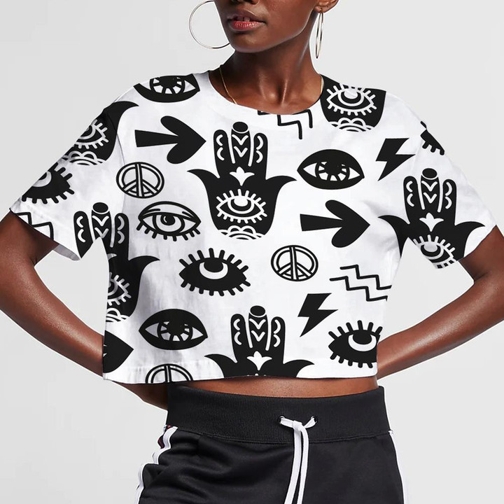 Funky Hippie Style Design With Fatima Hand Black White Design 3D Women's Crop Top