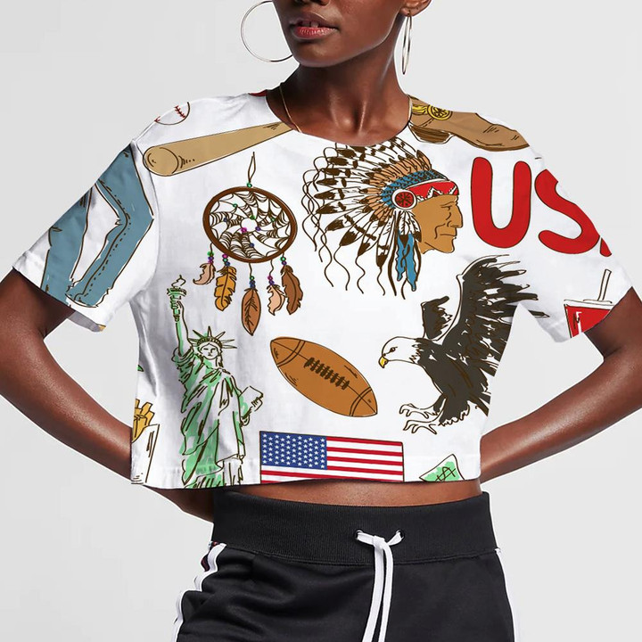 Fun Colorful Sketch America Symbolism On White Background 3D Women's Crop Top