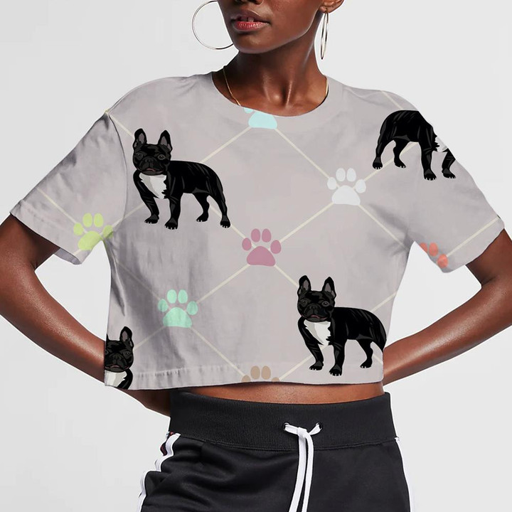 French Bulldog And Paw Colored Traces 3D Women's Crop Top