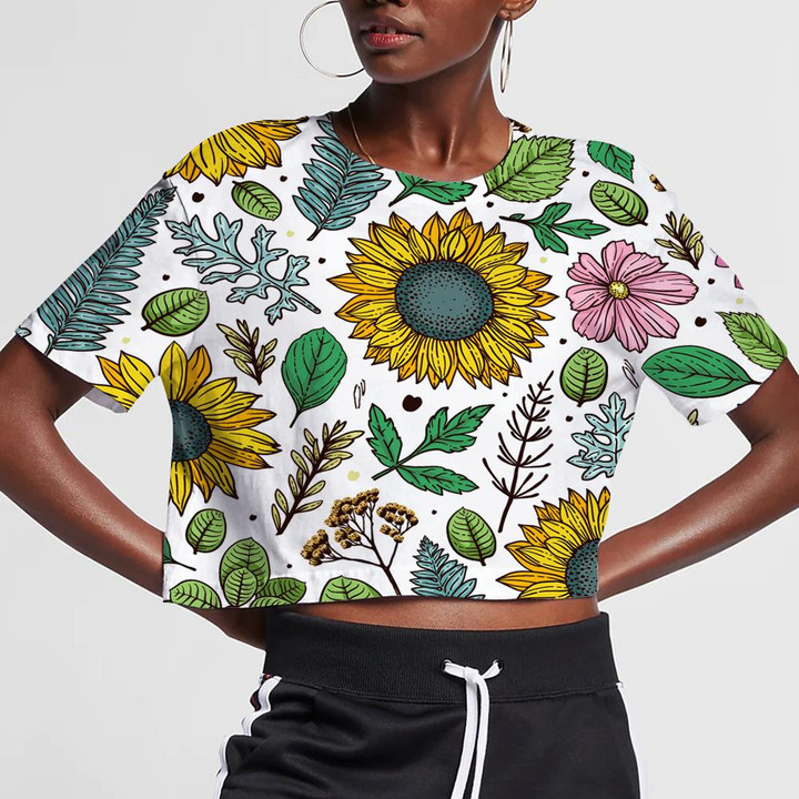 Freehand Sketching Pattern With Flowers Leaves And Grass 3D Women's Crop Top