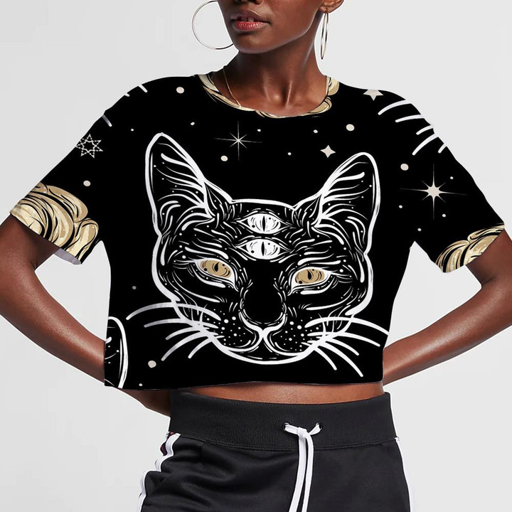 Four Eyed Cat And Roses In Tattoo Art Style 3D Women's Crop Top