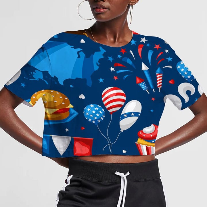 Foods And Symbols Of American Patriotic Illustration 3D Women's Crop Top