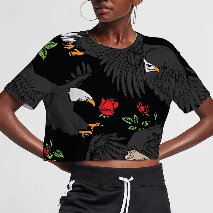 Flying Eagles With Beautiful Roses And leaves 3D Women's Crop Top