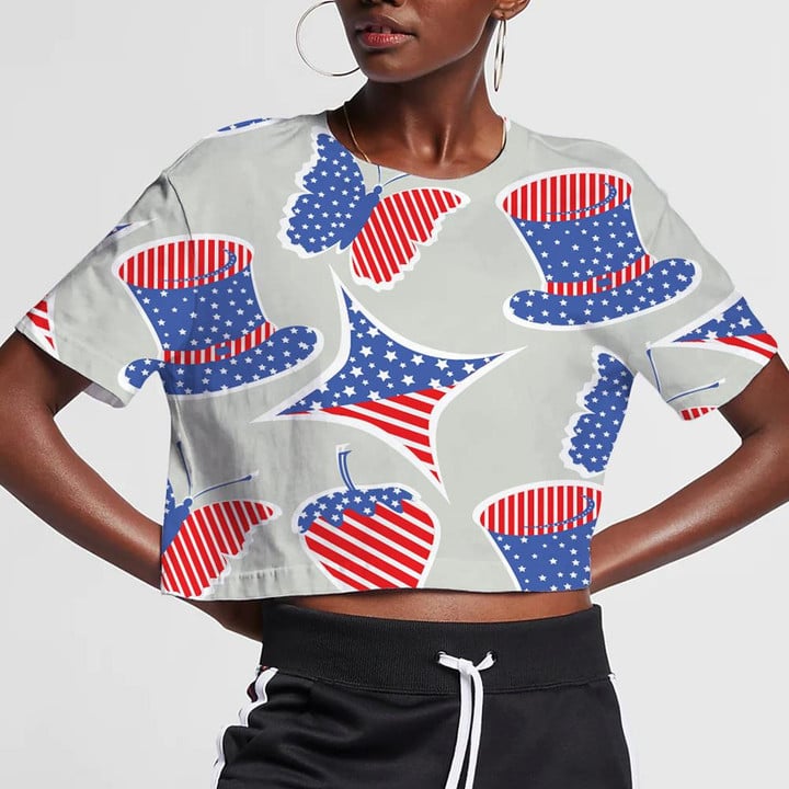 Flying Butterfly Strawberry Uncle Sam Hat And Stars Pattern 3D Women's Crop Top