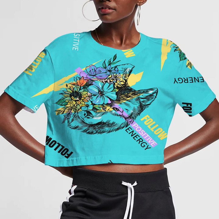 Flowers And Wolf's Head On Turquoise 3D Women's Crop Top