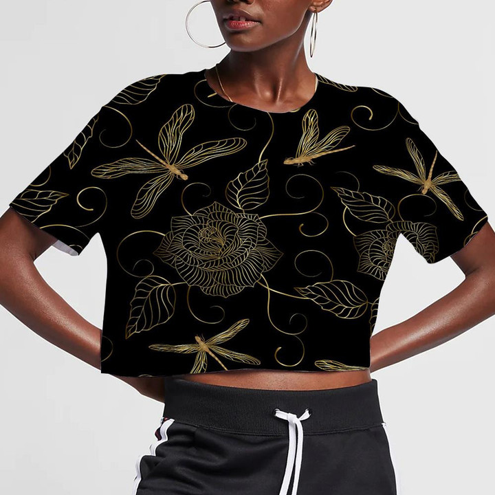 Flowers And Dragonflies Of Gold Color 3D Women's Crop Top