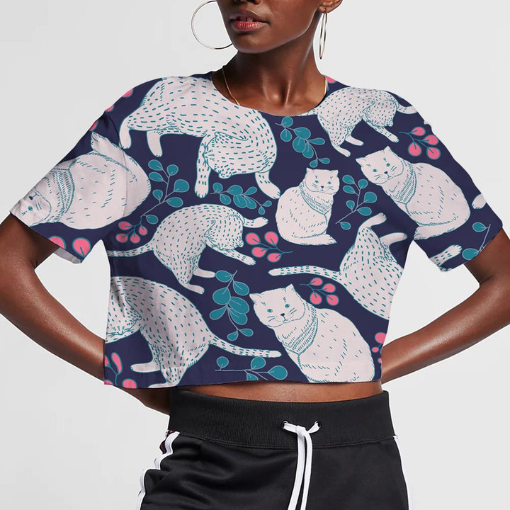 Floral Elements And Cartoon White Cats 3D Women's Crop Top