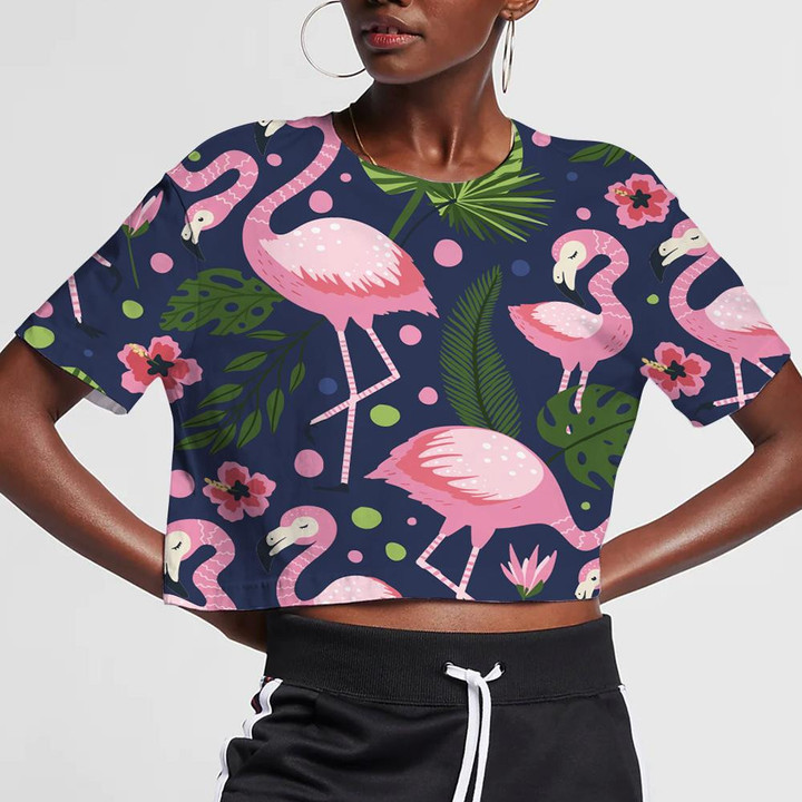 Flamingo With Tropic Palm And Pink Flowers 3D Women's Crop Top