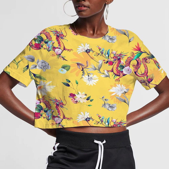 Field Flowers With Leaves Camomile And Chinese Dragon Behind On Yellow 3D Women's Crop Top