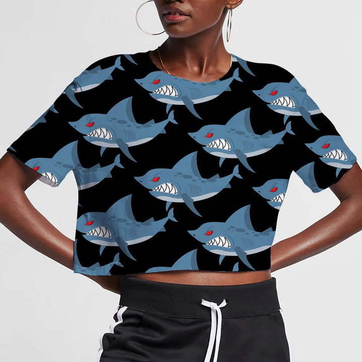 Ferocious Marine Animals Themed Scary Shark With Red Eyes Pattern 3D Women's Crop Top