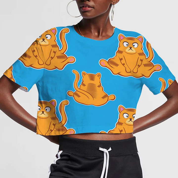 Fat Ginger Cat On Blue Background 3D Women's Crop Top