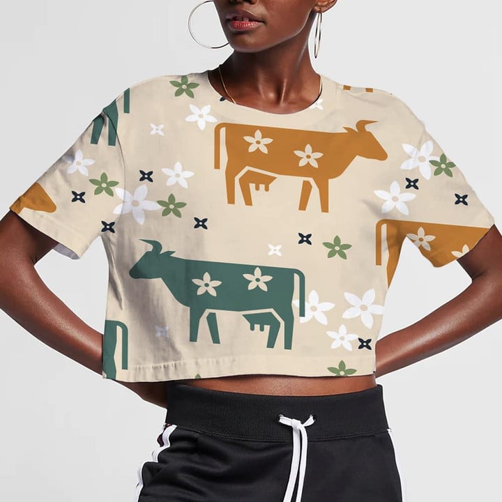 Farm Animals Cows Flowers And Other Elements 3D Women's Crop Top