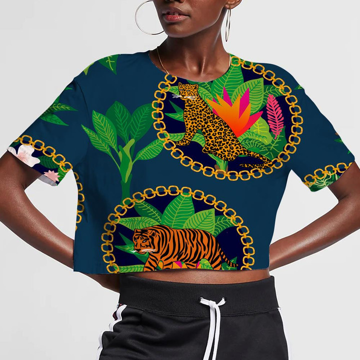 Fantasy Garden In Jungle With Leopards Tigers And Tropical Plants 3D Women's Crop Top