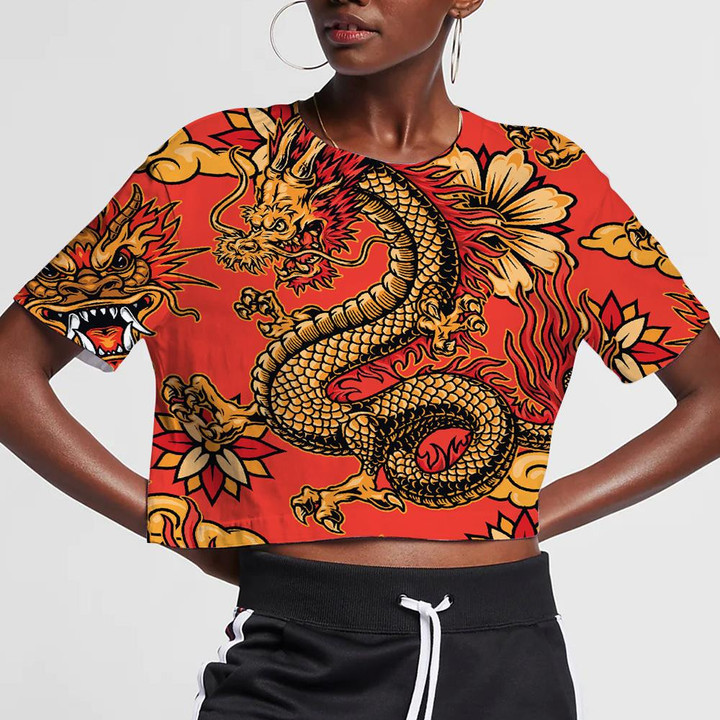 Fantasy Dragons Decorative Flowers And Clouds On Red 3D Women's Crop Top