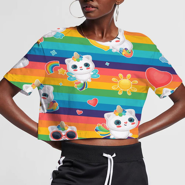 Fantasy Cat With Unicorn Horn On The Rainbow Background 3D Women's Crop Top