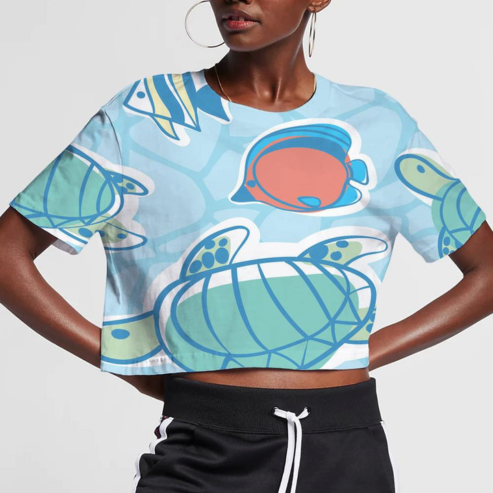 Exotic Red Fish And Turtles On Green 3D Women's Crop Top