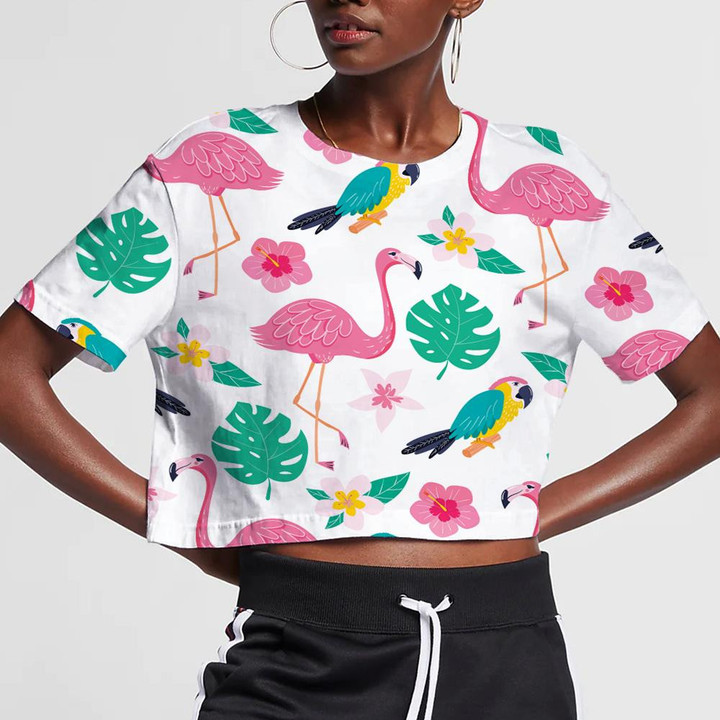 Exotic Leaves Flowers Flamingo And Parrot 3D Women's Crop Top