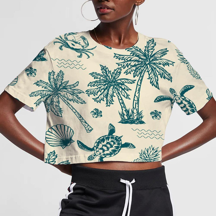 Exotic Flowers Palm Trees Sea Waves And Turtles 3D Women's Crop Top