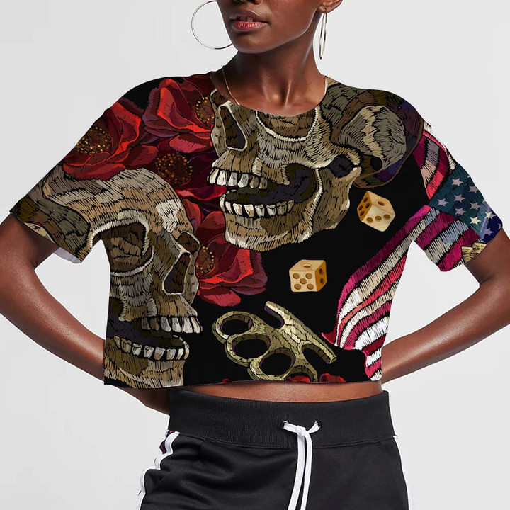 Embroidery Skulls Roses Flowers Brass Knuckles American Flag 3D Women's Crop Top
